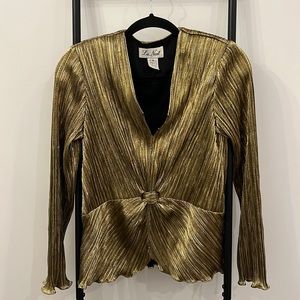 Vintage 70/80s Gold Metallic V-neck Blouse Knot Accent Disco Size S Y2K Glam